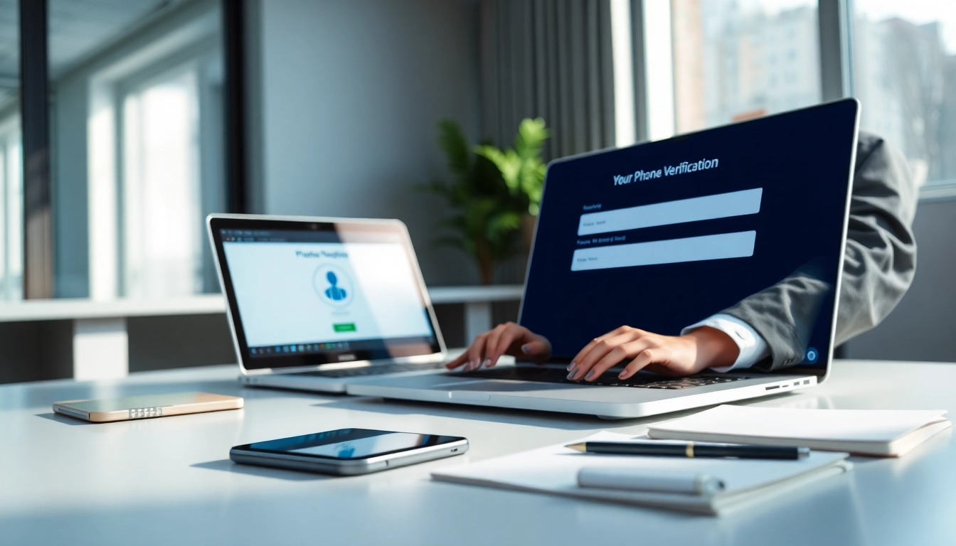 Vérification du numéro de téléphone en ligne dans un cadre professionnel, montrant la technologie et l'efficacité.