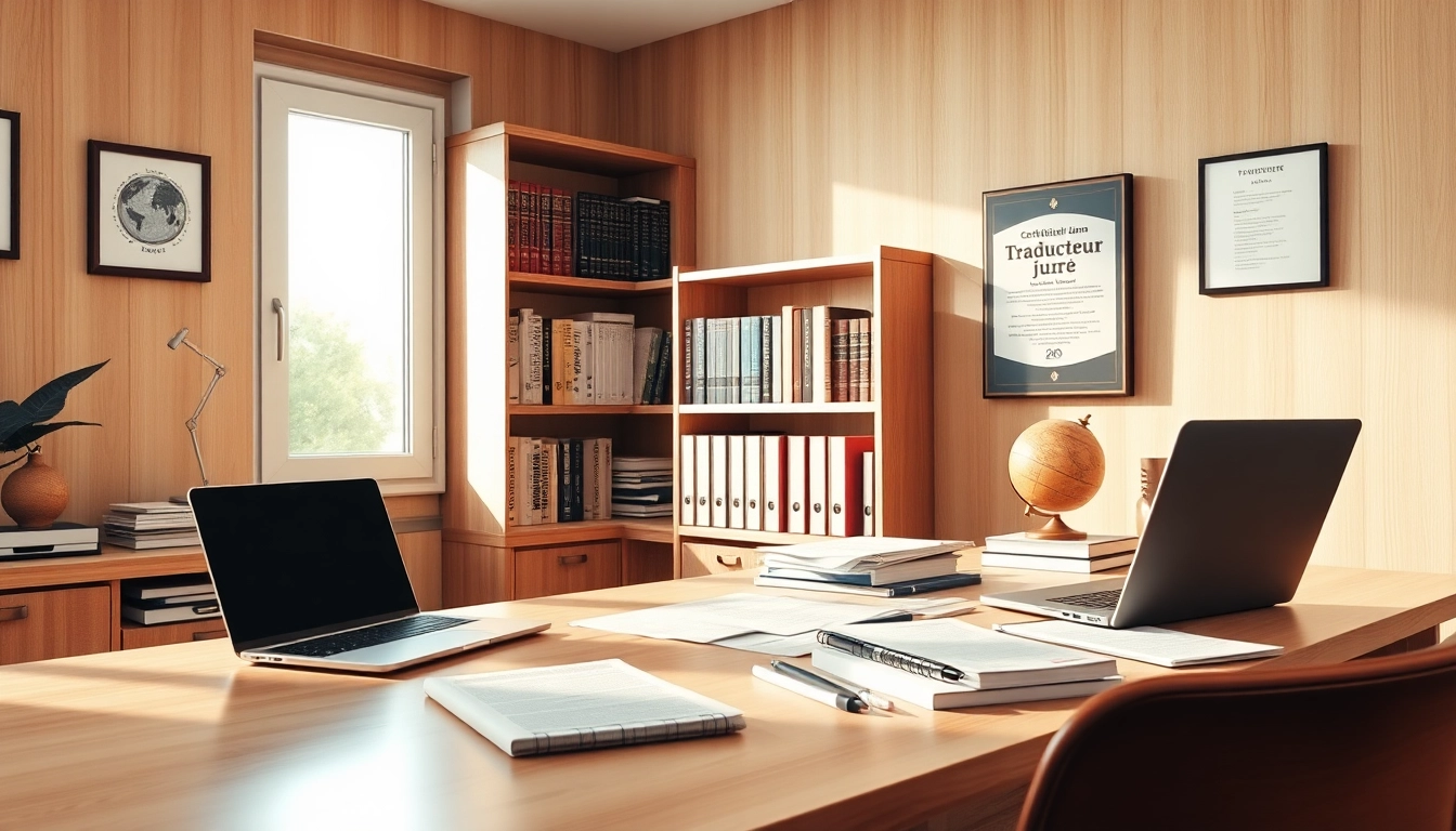 Bureau d'un traducteur professionnel avec une certification de traducteur juré, montrant un espace de travail organisé et accueillant.