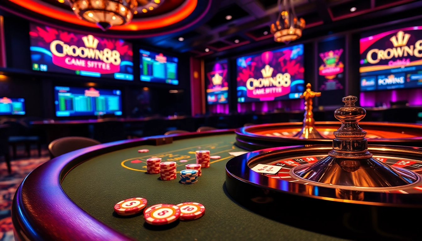 Crown88 gaming table showcasing vibrant poker chips and cards, exuding excitement and sophistication.