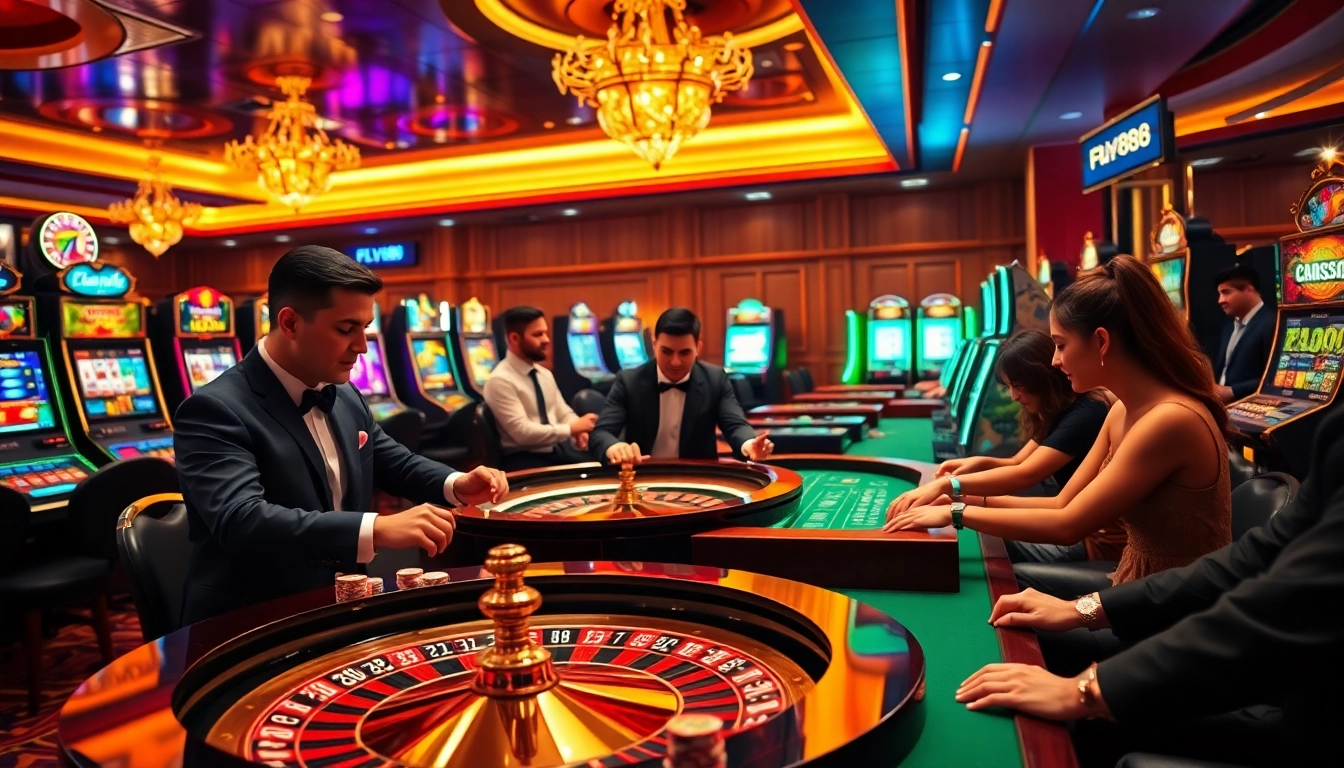 Players winning big at FLY88 casino tables, showcasing excitement and luxury in gambling.