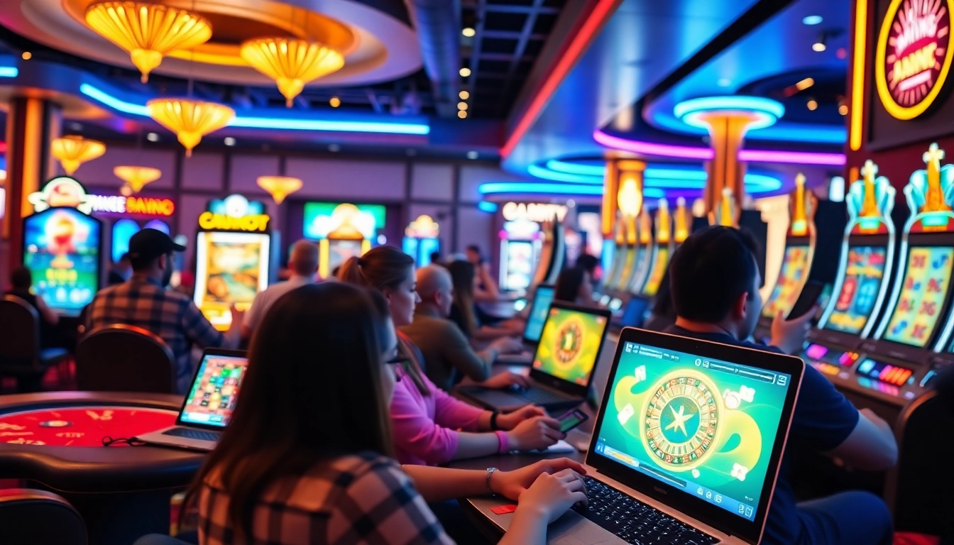 Joueurs engagés dans un casino en ligne avec des machines à sous et des jeux de cartes.