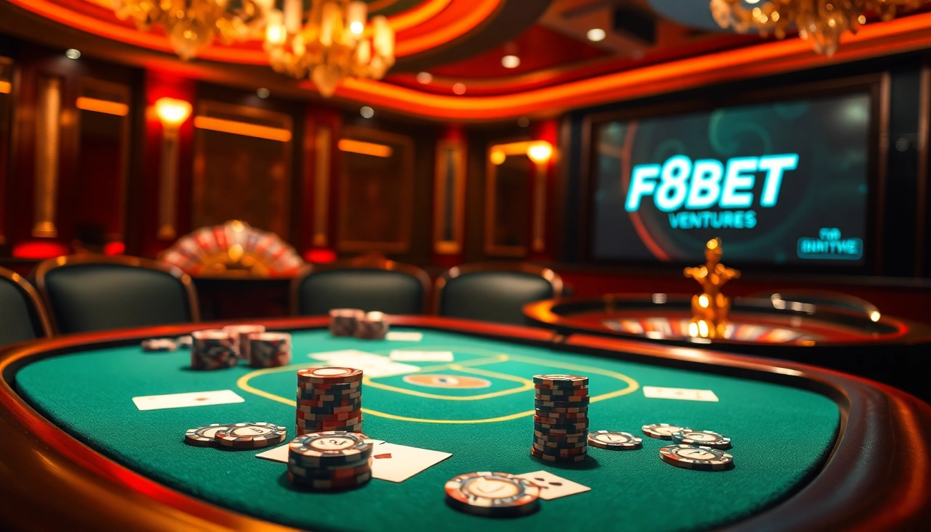 High-stakes poker game featuring F8bet.ventures logo with vibrant casino atmosphere.