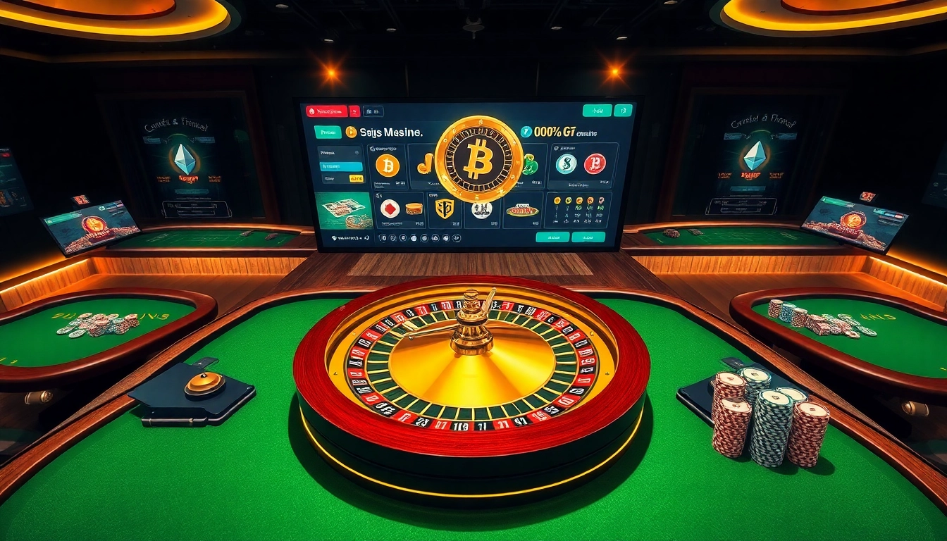 Ambiance immersive d'un casino en ligne crypto proposant des tables de roulette et de poker avec des symboles crypto colorés.