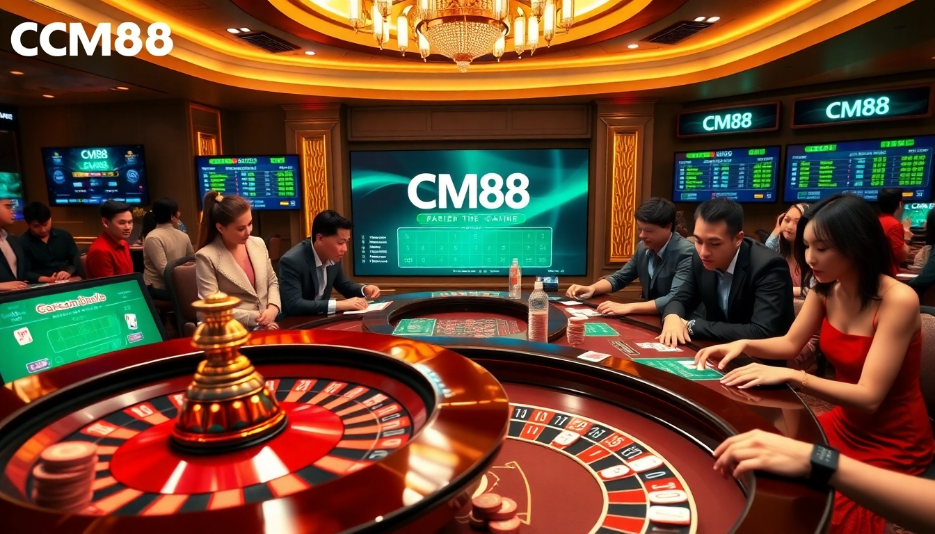 Experience the thrill of gambling at CM88 with roulette and poker in a luxurious casino setting.