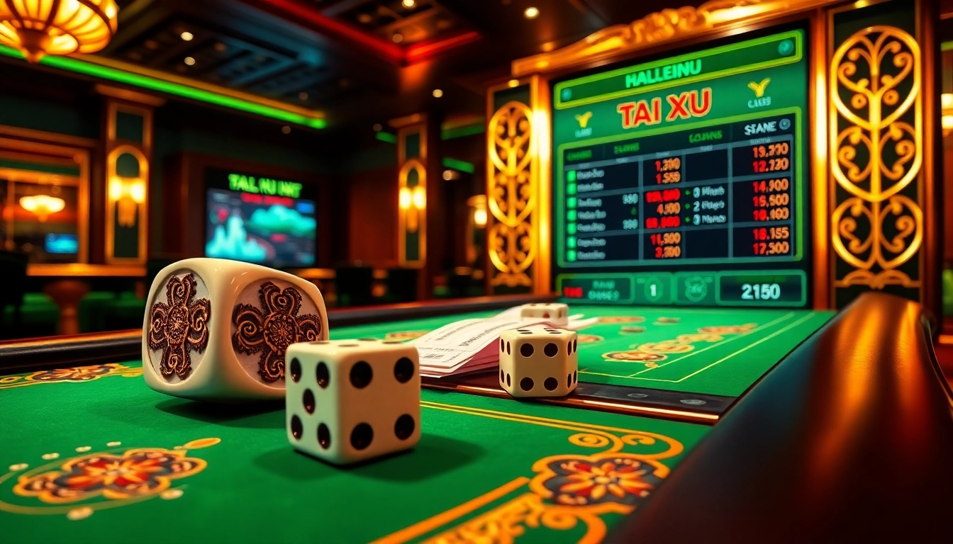 Tai Xiu online betting table with dice and vibrant gaming interface in an elegant casino layout.