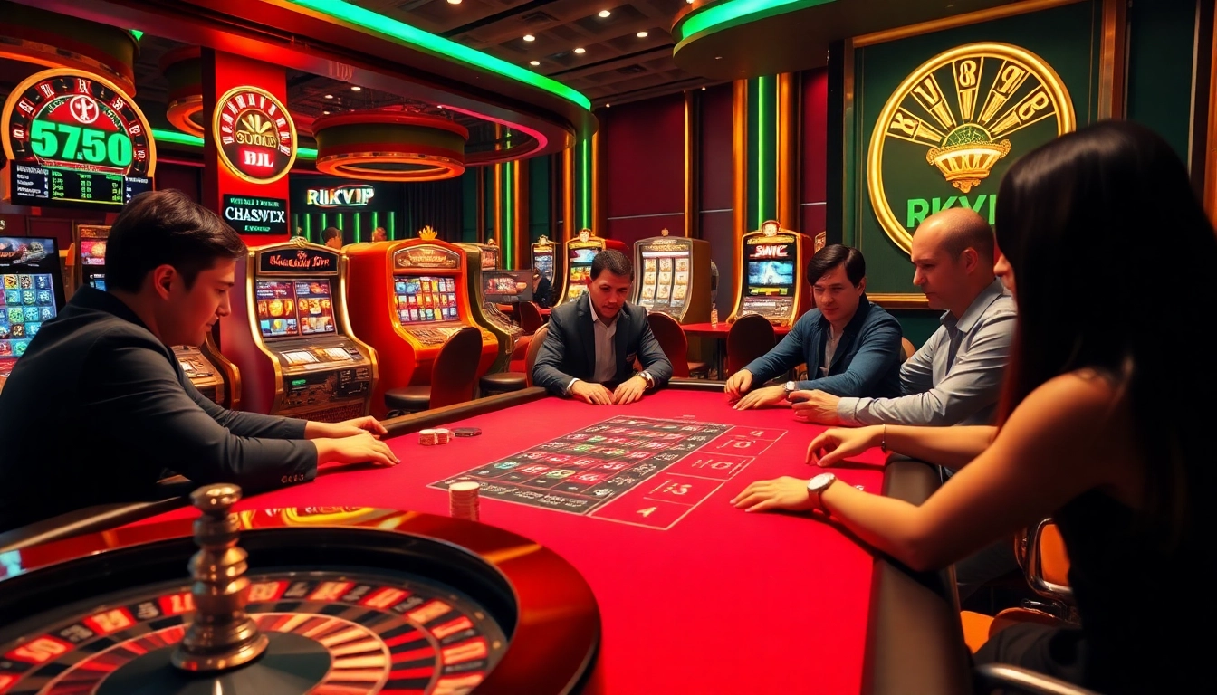 Players enjoying an exciting poker game at the RIKVIP online casino, showcasing colorful chips and vibrant slot machines.