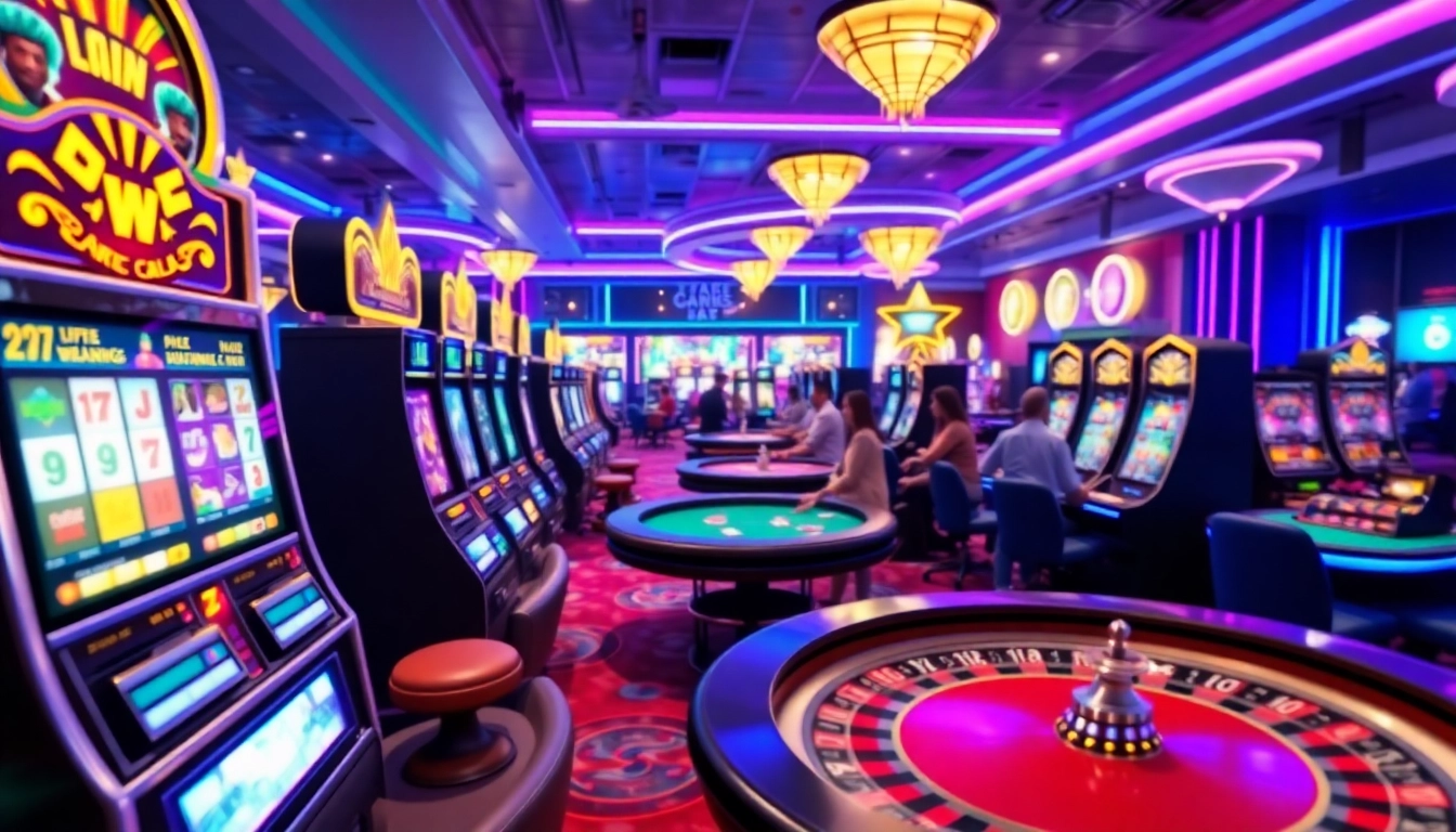 Joueurs s’amusant au meilleur crypto casino avec des machines à sous colorées et des tables de poker.