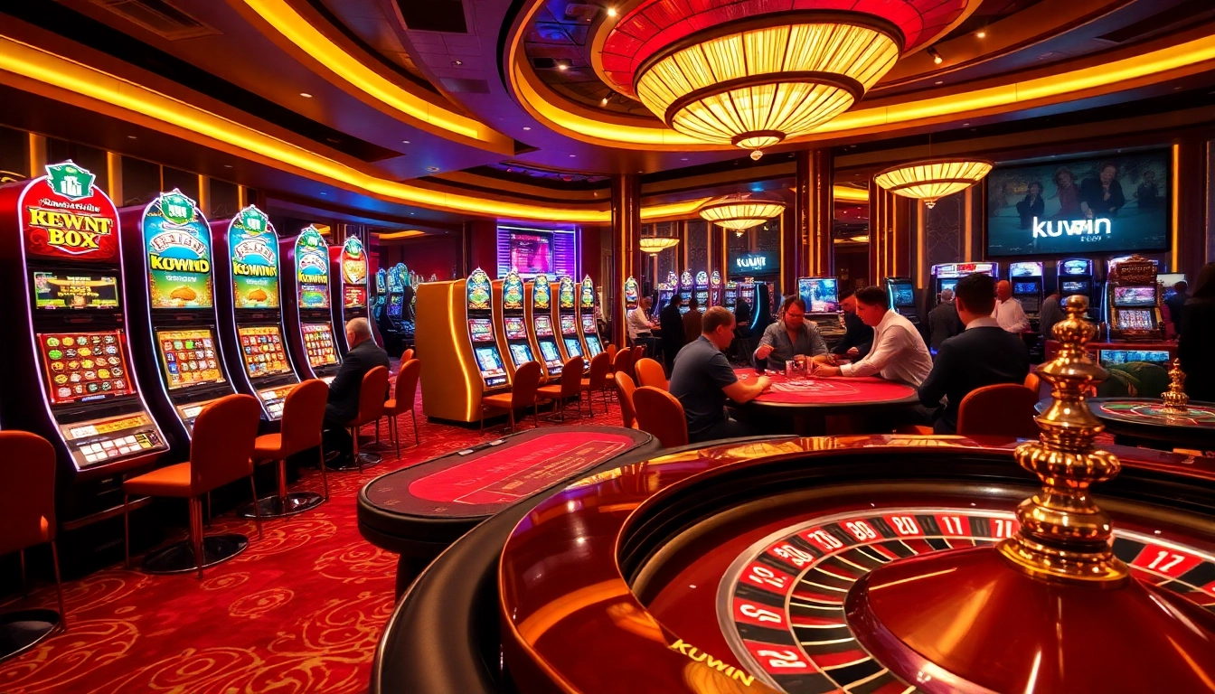 Kuwin casino scene showcasing dynamic slot machines and engaged players at a poker table.