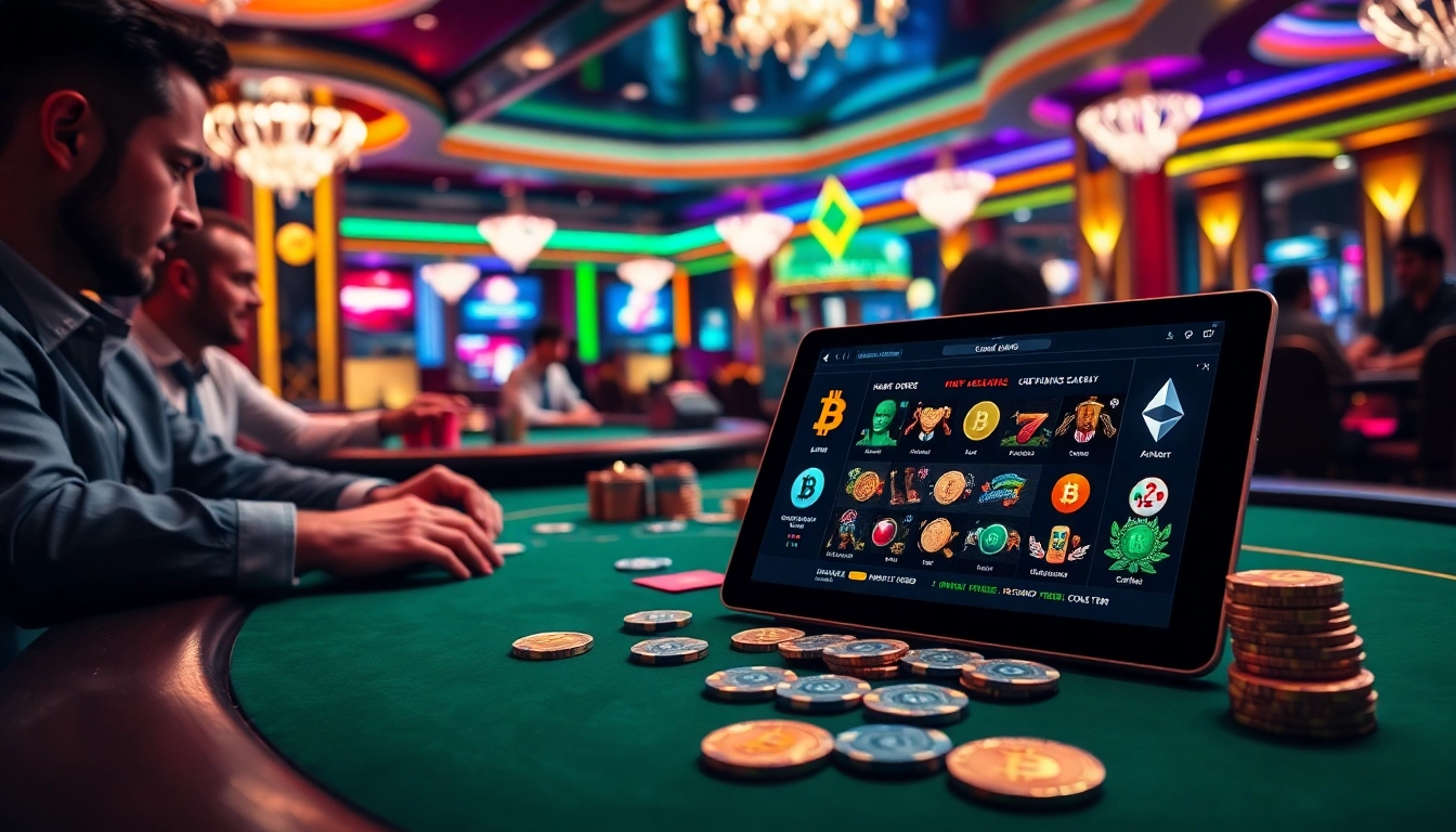 Engaging players at a crypto online casino table, featuring vibrant poker chips and digital game displays.