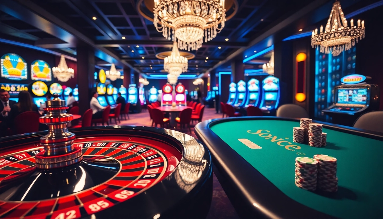This exciting casino scene at https://j88.gives/ features a roulette table, poker chips, and slot machines, capturing the thrill of gaming.