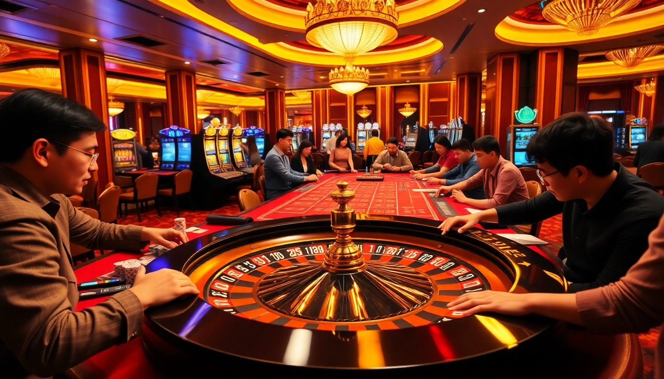 Gamblers placing bets at a luxurious casino, embodying Trang chủ KK55 excitement and strategy.