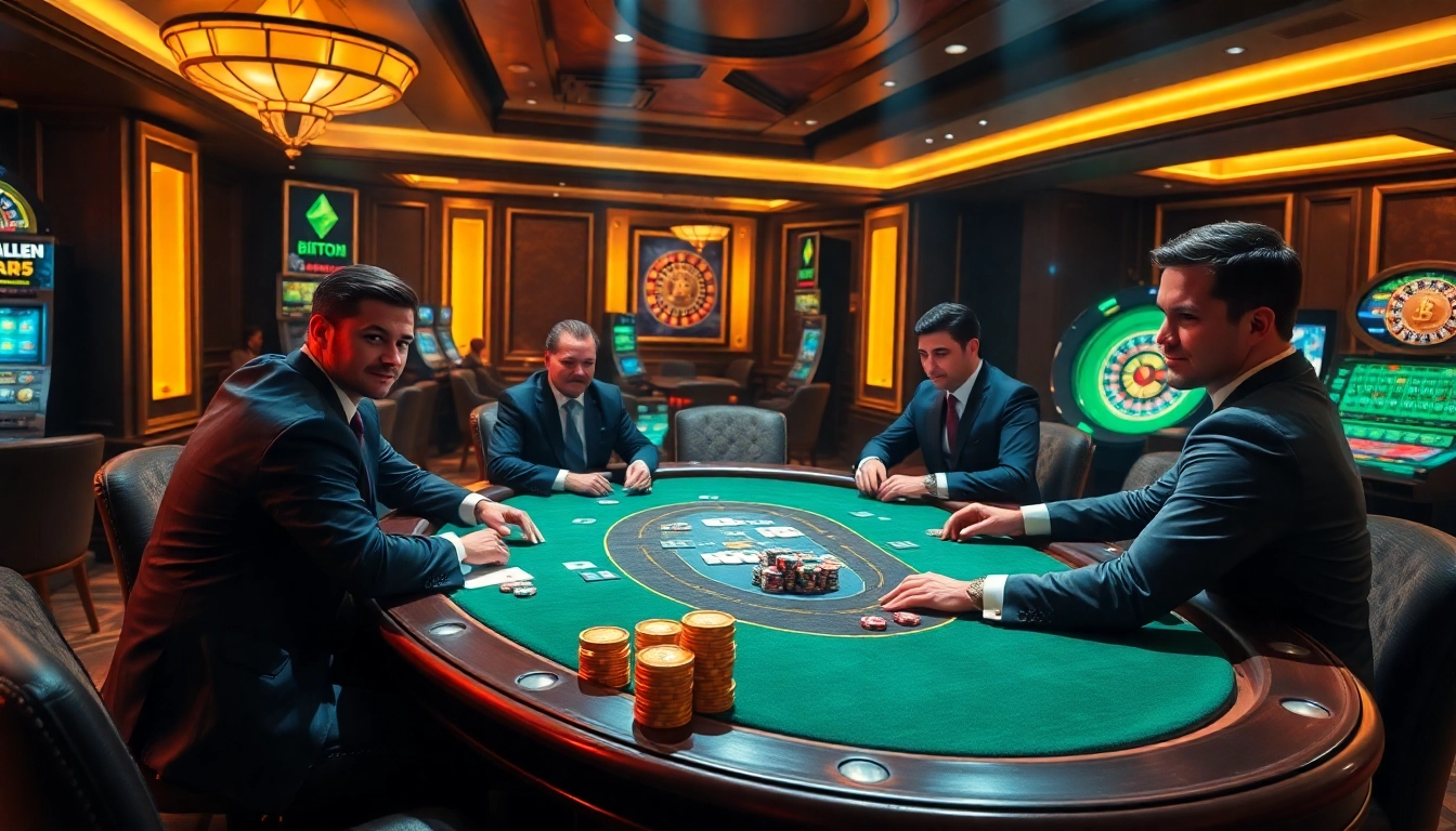 Engaged players strategizing at a crypto online casino poker game, highlighting Bitcoin and Ethereum.