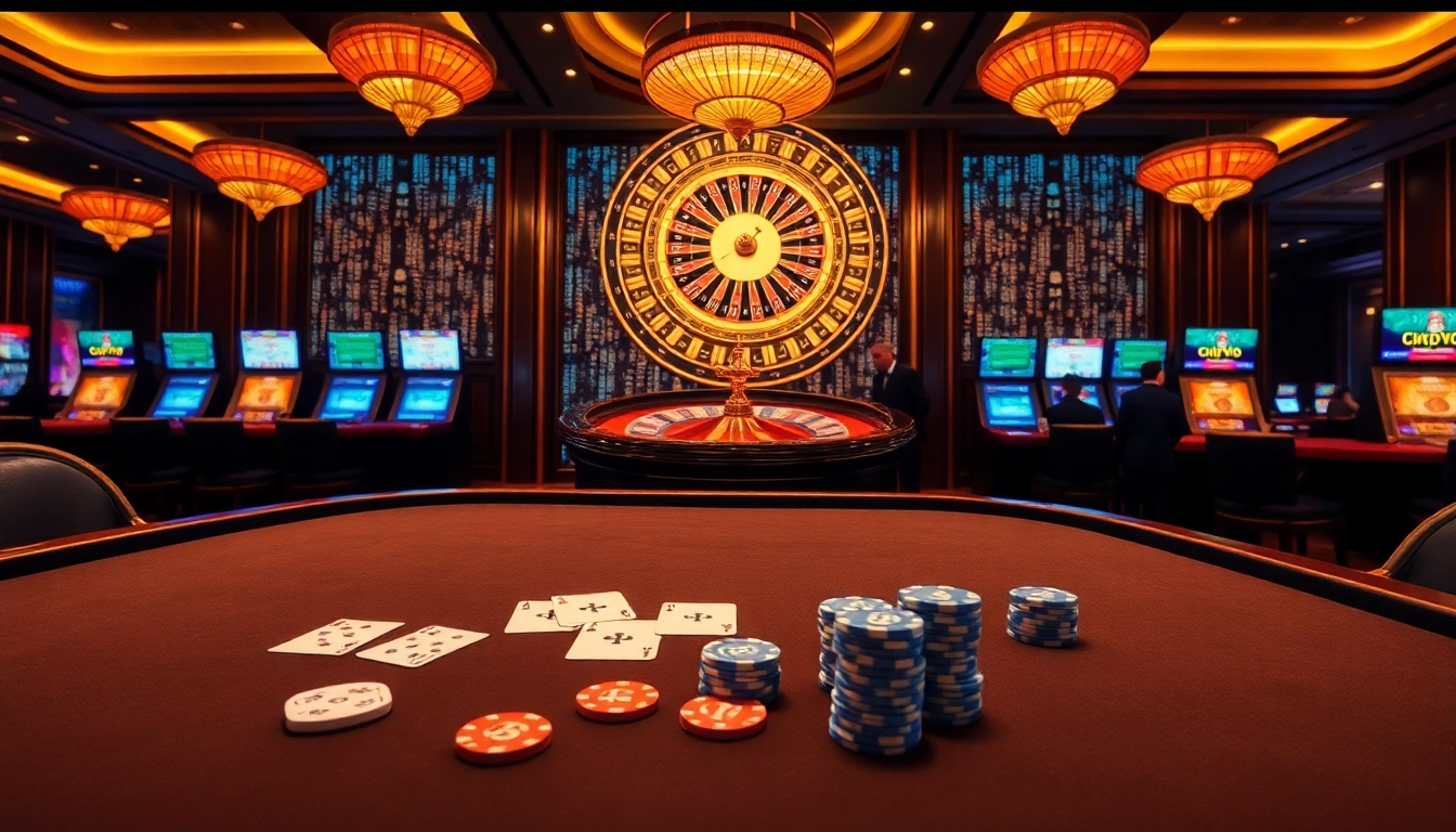 Engage in thrilling games at a luxurious crypto online casino featuring poker tables and roulette.