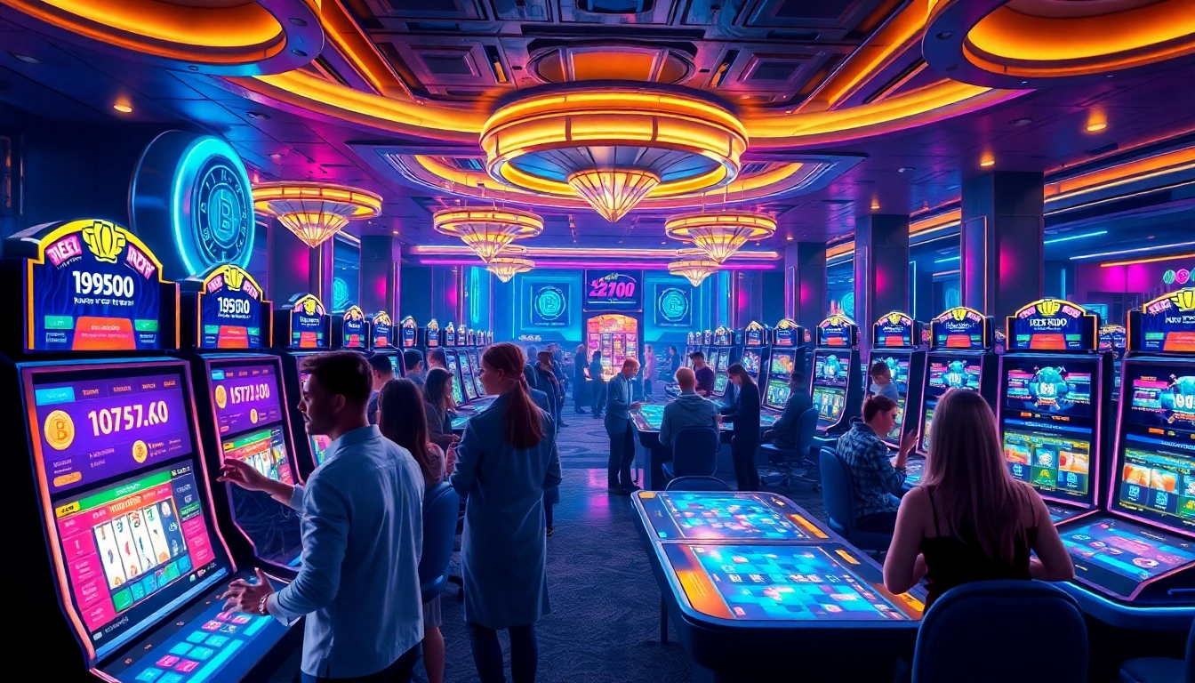 Joueurs gagnant avec le casino crypto dans un casino futuriste et vibrant.