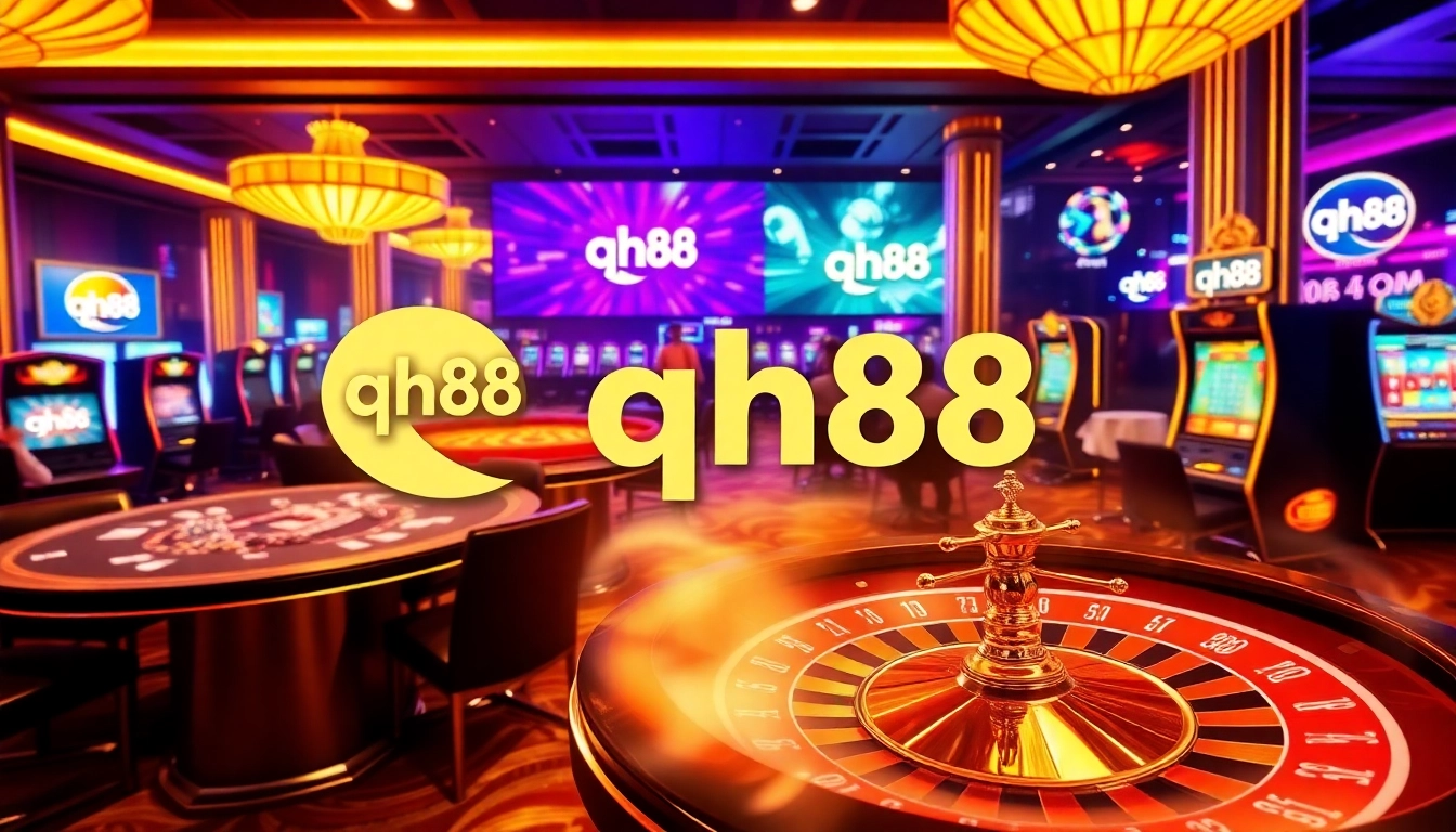 Experience the luxury of online gambling with qh88's vibrant casino visuals featuring tables and games.