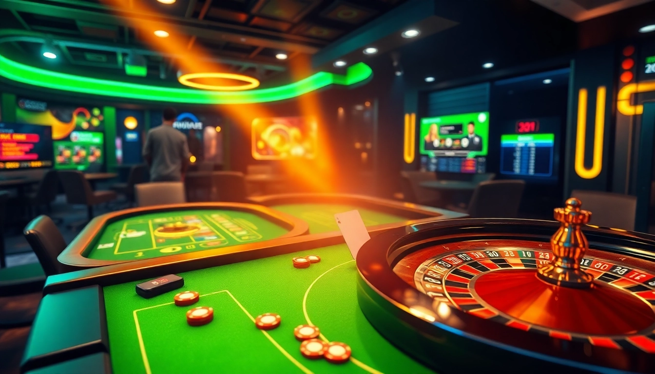 Jouer à casino en ligne avec ambiance colorée et jeux variés en arrière-plan.