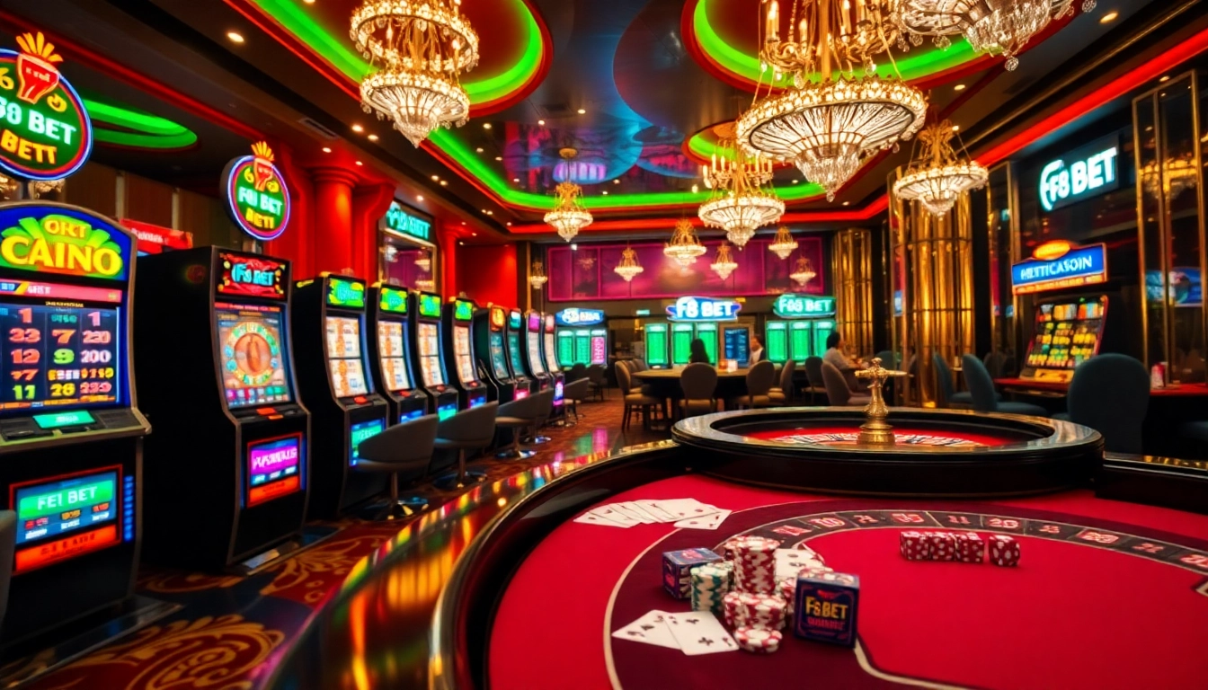F8 BET players enjoying a vibrant casino atmosphere with slot machines and poker games.