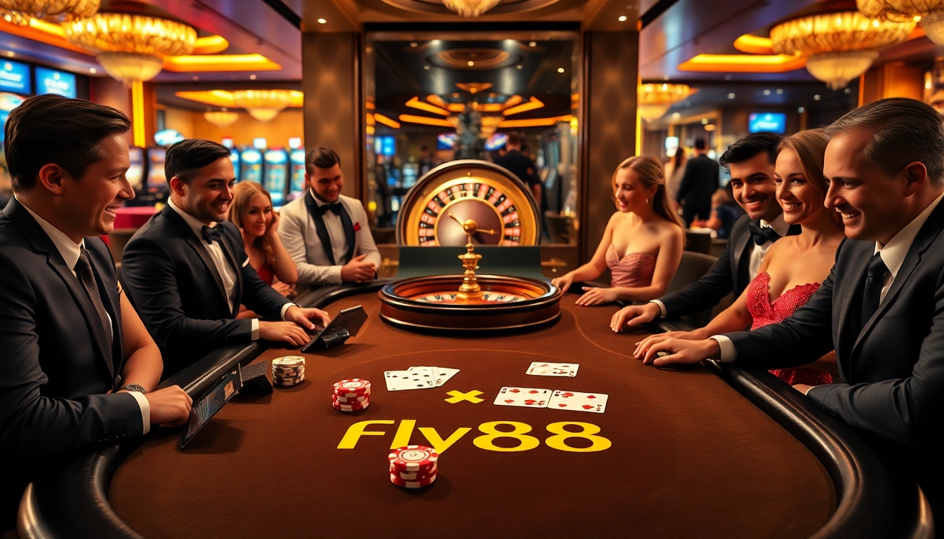 Play at the Fly88 poker table surrounded by thrilling casino atmosphere.