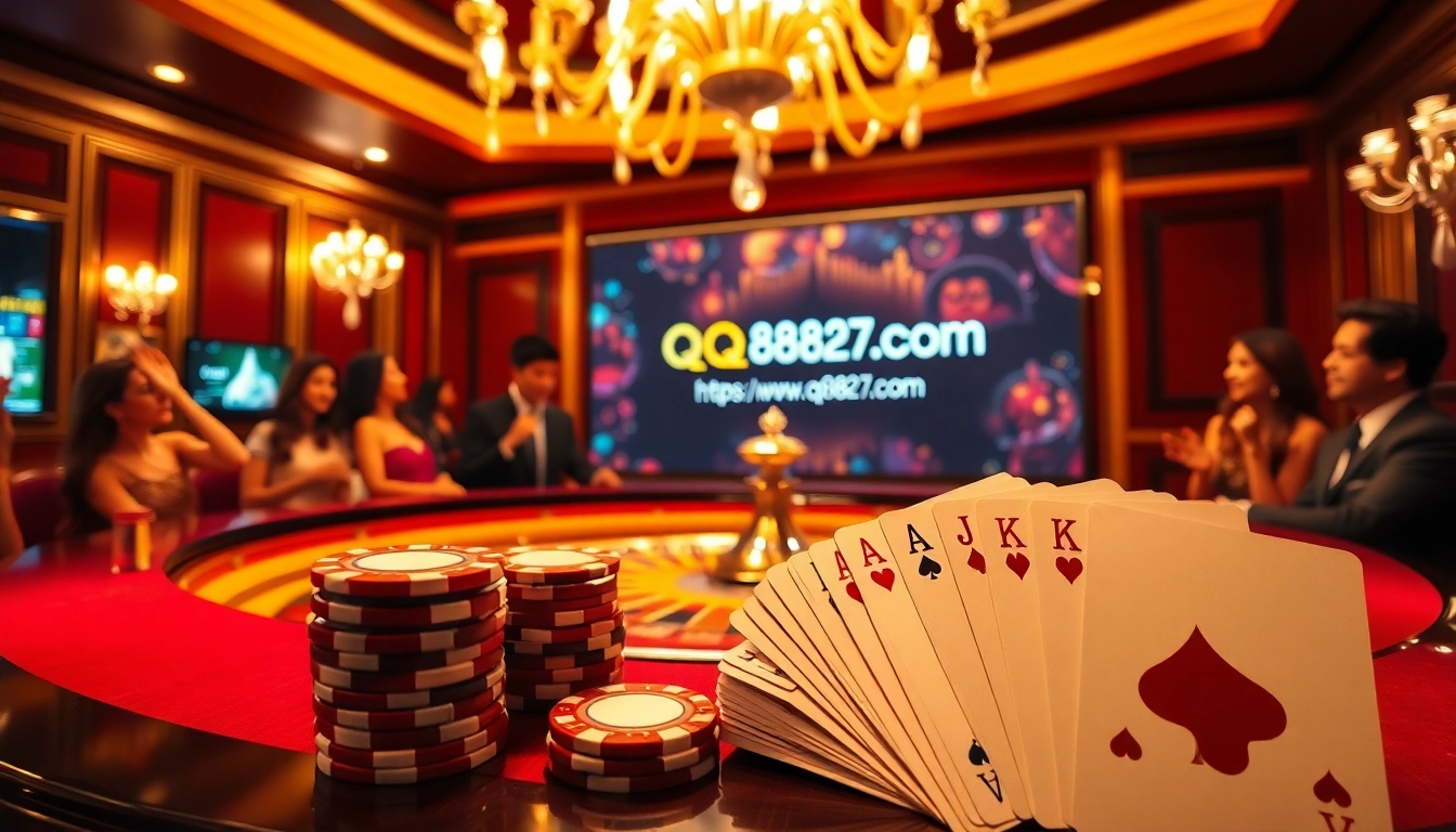 A bustling casino scene promoting https://www.qq8827.com/ with players at a roulette table and poker chips stacked high.