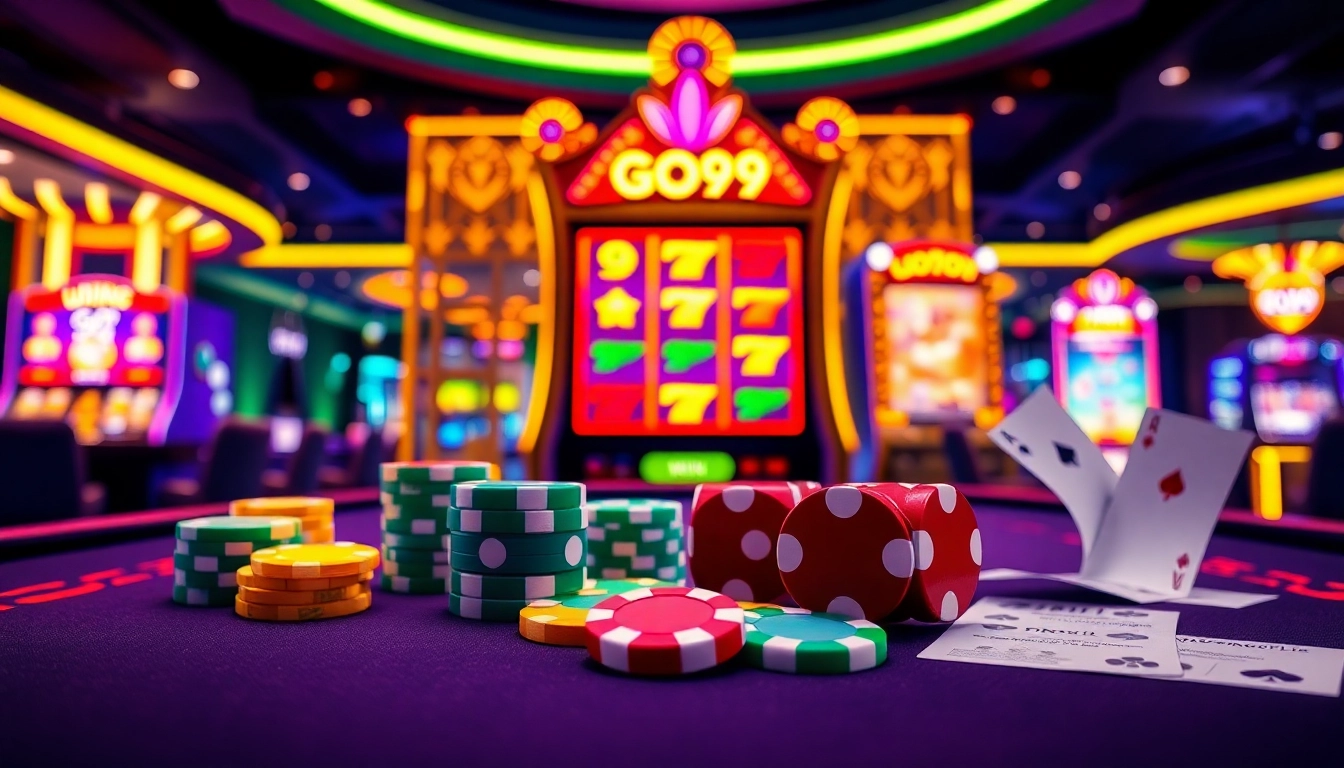 Exciting Go99 online gambling scene with vibrant poker chips, dice, and a jackpot slot machine.